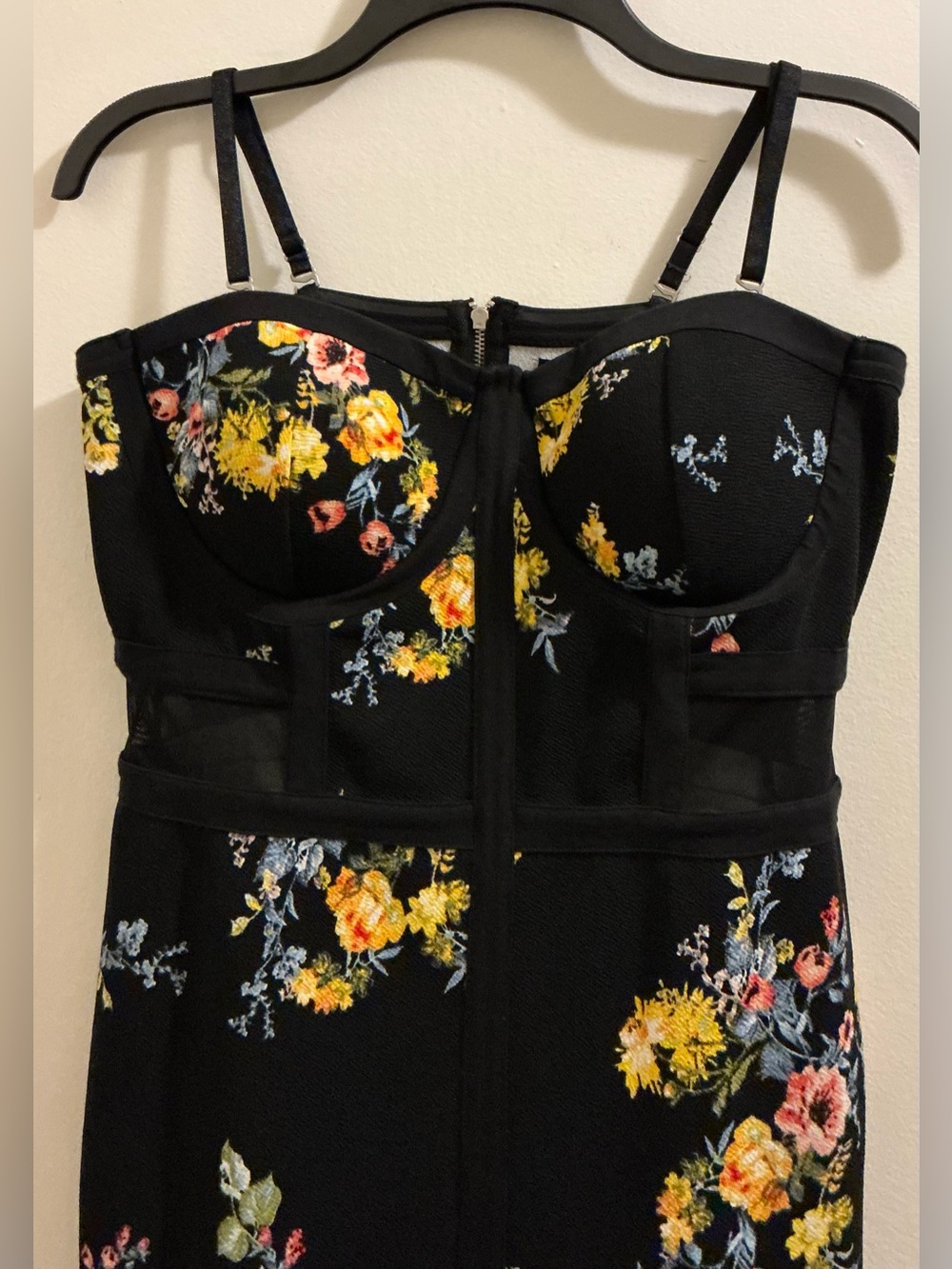 Black Floral Print Bustier Bodycon Dress